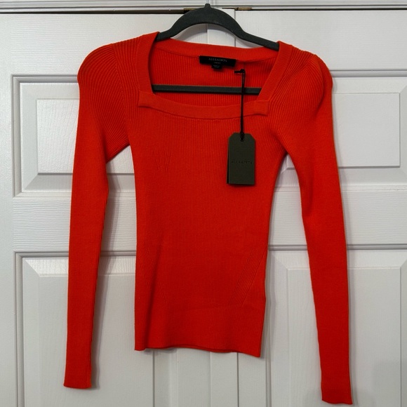 All Saints Bardi Square Neck Ribbed Top in Flame Red - Picture 4 of 5